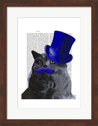 Framed Grey Cat With Blue Top Hat and Blue Moustache Print