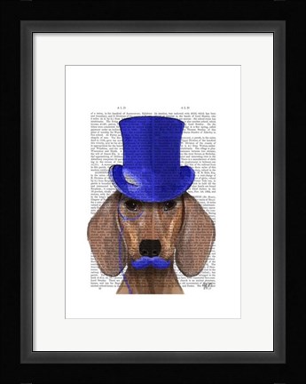 Framed Dachshund With Blue Top Hat and Blue Moustache Print