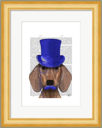 Framed Dachshund With Blue Top Hat and Blue Moustache Print