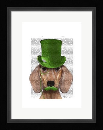 Framed Dachshund With Green Top Hat and Moustache Print