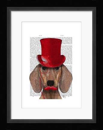 Framed Dachshund With Red Top Hat and Moustache Print