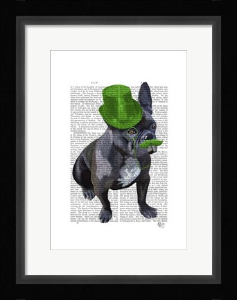 Framed French Bulldog With Green Top Hat and Moustache Print