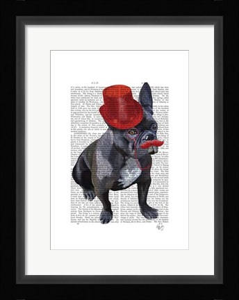 Framed French Bulldog With Red Top Hat and Moustache Print