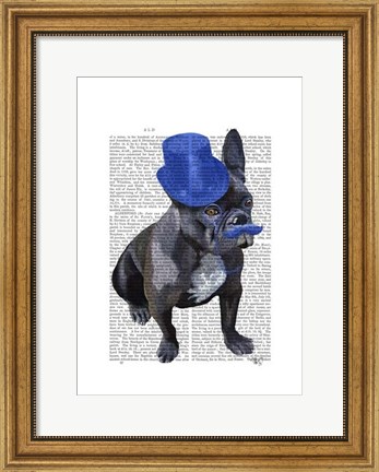 Framed French Bulldog With Blue Top Hat and Moustache Print