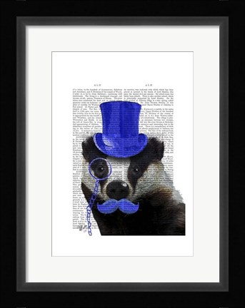 Framed Badger with Blue Top Hat and Moustache Print
