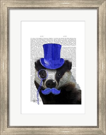 Framed Badger with Blue Top Hat and Moustache Print