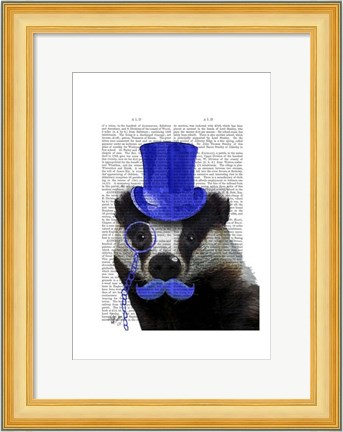 Framed Badger with Blue Top Hat and Moustache Print