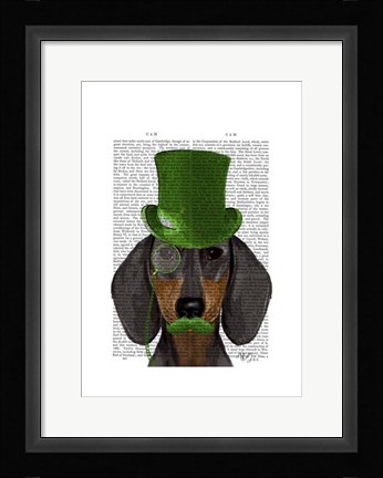Framed Dachshund with Green Top Hat Black Tan Print