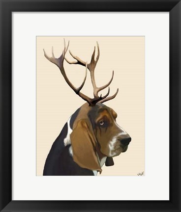 Framed Basset Hound and Antlers II Print