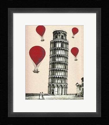 Framed Tower of Pisa and Red Hot Air Balloons Print