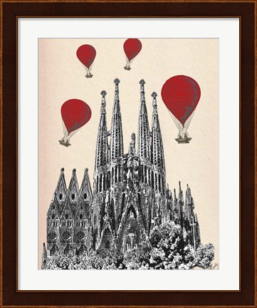 Framed Sagrada Familia and Red Hot Air Balloons Print