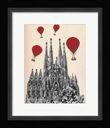 Framed Sagrada Familia and Red Hot Air Balloons Print