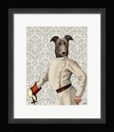 Framed Greyhound Fencer in Cream Portrait Print