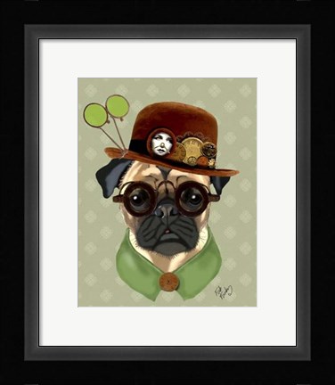 Framed Pug With Steampunk Bowler Hat Print