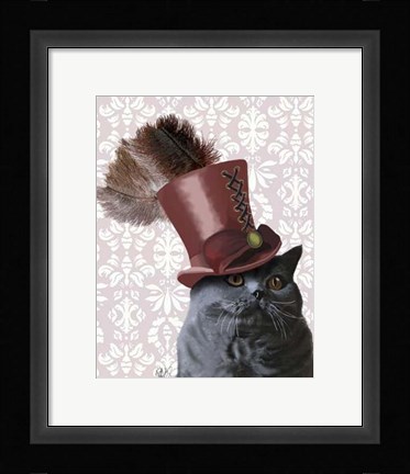 Framed Grey Cat With Steampunk Top Hat Print