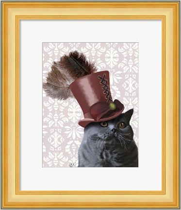 Framed Grey Cat With Steampunk Top Hat Print