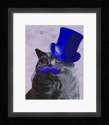 Framed Grey Cat With Blue Top Hat and Moustache Print