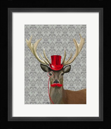 Framed Deer With Red Hat and Moustache Print
