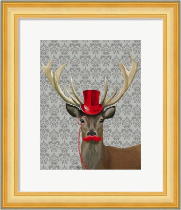 Framed Deer With Red Hat and Moustache Print