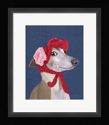 Framed Greyhound with Red Woolly Hat Print