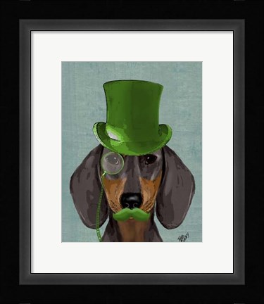 Framed Dachshund with Green Top Hat Black Tan Print