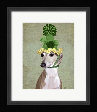 Framed Greyhound in Green Knitted Hat Print