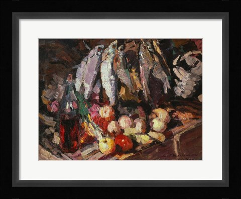 Framed Still Life with Fish, Wine, and Fruit Print