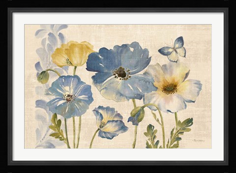 Framed Watercolor Poppies Blue Landscape Print