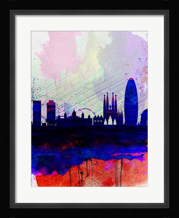 Framed Barcelona Watercolor Skyline 2 Print