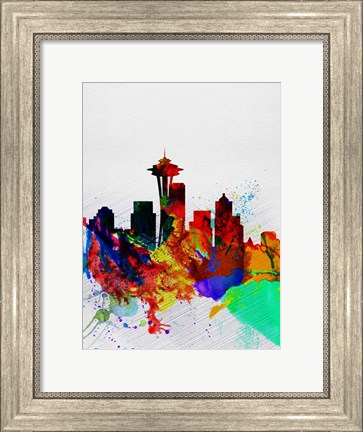 Framed Seattle Watercolor Skyline 2 Print