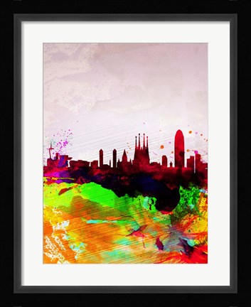 Framed Barcelona Watercolor Skyline Print