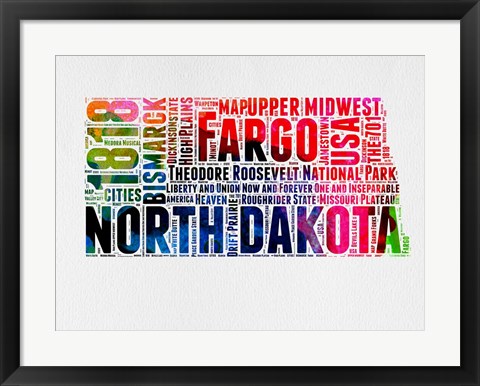 Framed North Dakota Watercolor Word Cloud Print