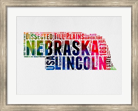 Framed Nebraska Watercolor Word Cloud Print