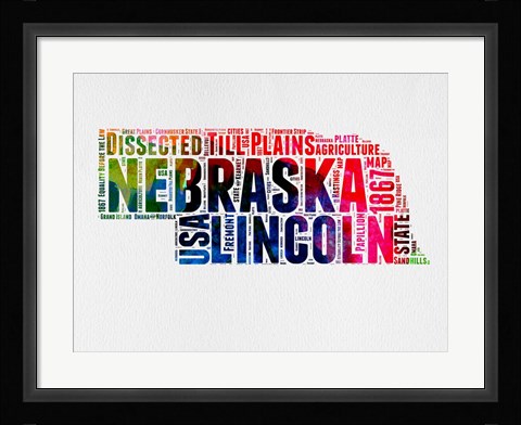 Framed Nebraska Watercolor Word Cloud Print