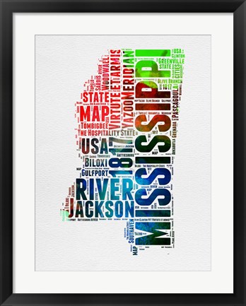 Framed Mississippi Watercolor Word Cloud Print