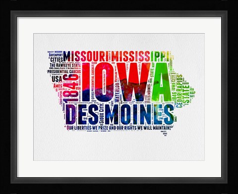 Framed Iowa Watercolor Word Cloud Print