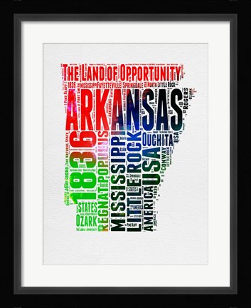 Framed Arkansas Watercolor Word Cloud Print