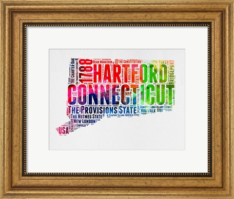 Framed Connecticut Watercolor Word Cloud Print