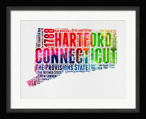 Framed Connecticut Watercolor Word Cloud Print