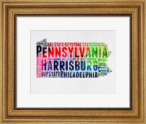 Framed Pennsylvania Watercolor Word Cloud Print