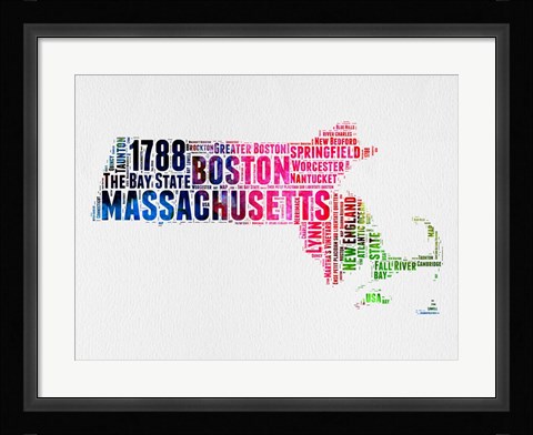 Framed Massachusetts Watercolor Word Cloud Print
