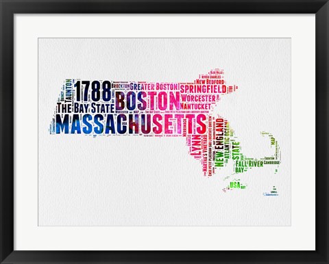 Framed Massachusetts Watercolor Word Cloud Print