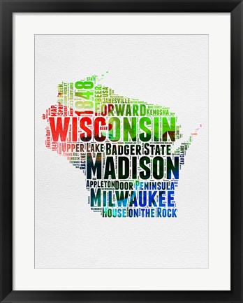 Framed Wisconsin Watercolor Word Cloud Print