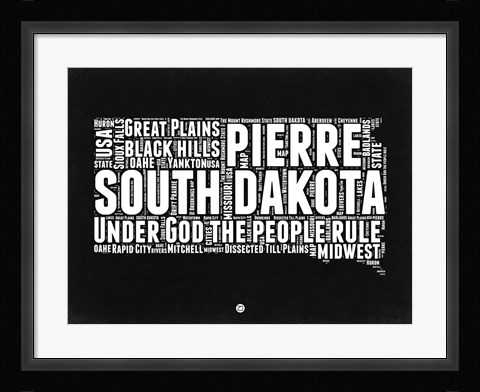 Framed South Dakota Black and White Map Print