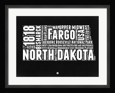 Framed North Dakota Black and White Map Print