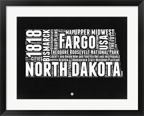 Framed North Dakota Black and White Map Print