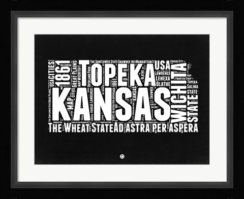 Framed Kansas Black and White Map Print