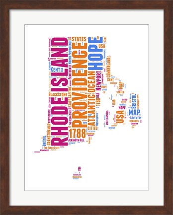 Framed Rhode Island Word Cloud Map Print