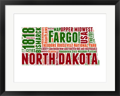 Framed North Dakota Word Cloud Map Print