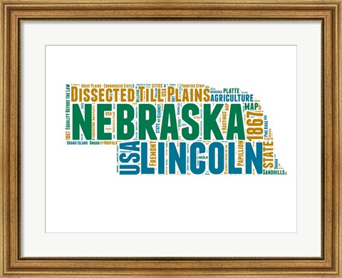 Framed Nebraska Word Cloud Map Print